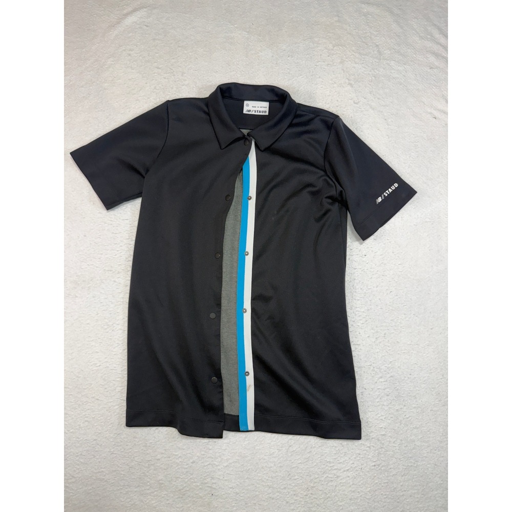 New Balance x STAUD Womens Snap Front Polo Shirt Black Blue Stripe Size M